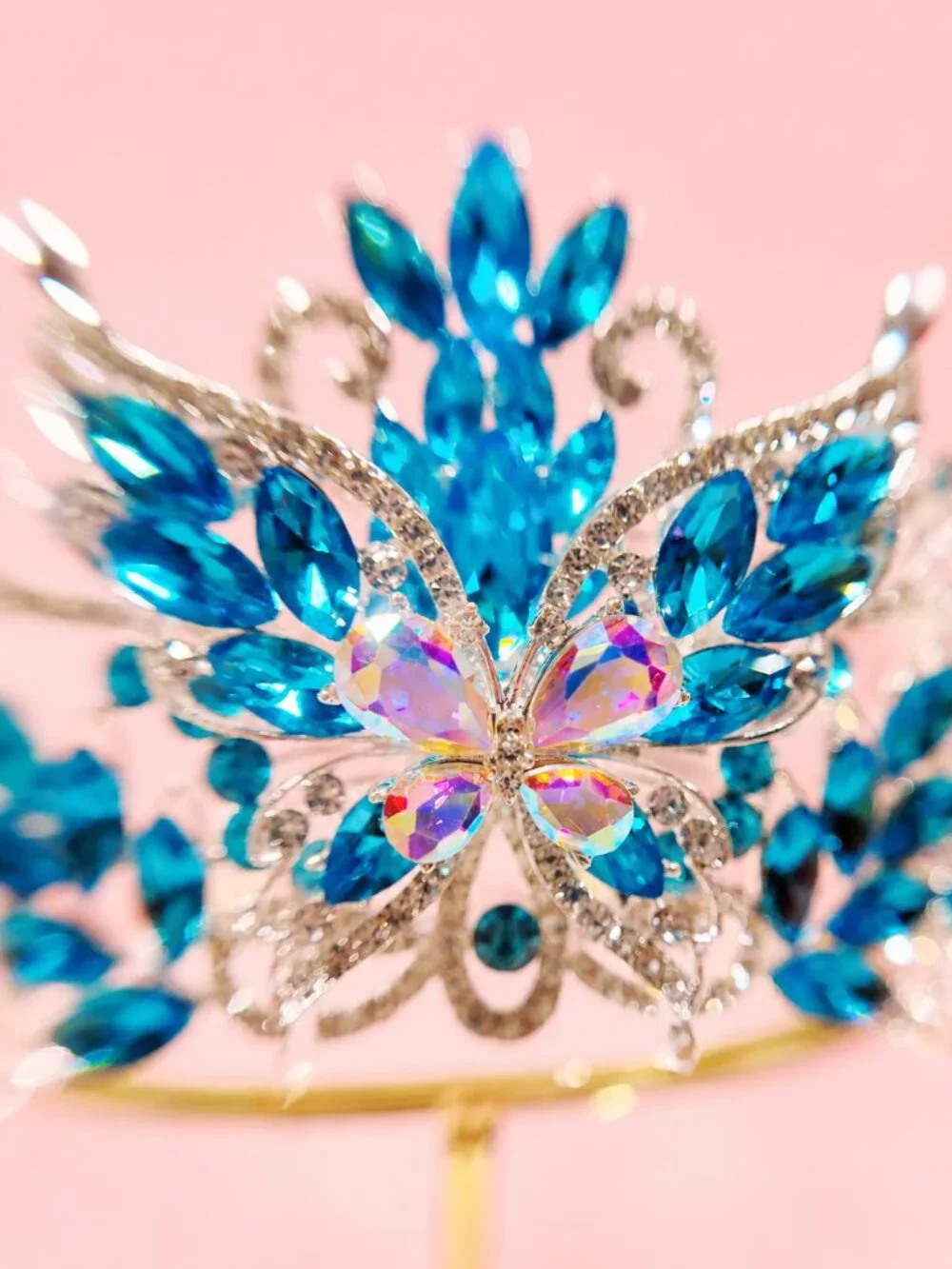 Sky blue Crystal Butterfly Tiara Crown Silver Pageant Bridal Prom Party crown